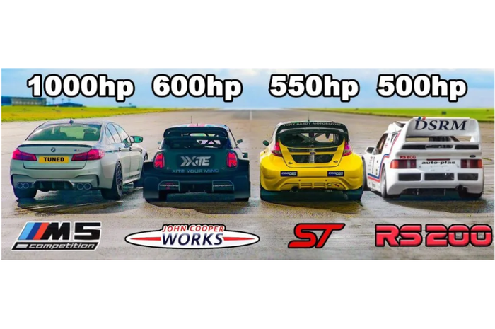 Adu drag race BMW M5 1.000 dk dengan tiga mobil rally