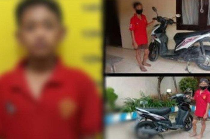 Seorang bocah SD di Madiun ketahuan mencuri motor yang terparkir di halaman Masjid Jami, Kelurahan Krajan, Kecamatan Mejayan, Kabupaten Madiun, Jawa Timur, Rabu (27/1/2021). 