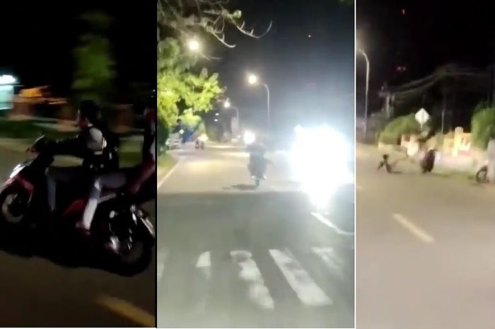 Yamaha Mio dibuat wheelie berakhir oleng dan masuk selokan