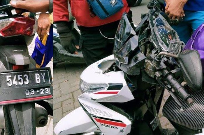 Honda Vario ringsek bagian depan setelah tabrak truk tangki Pertamina dan Suzuki Ertiga