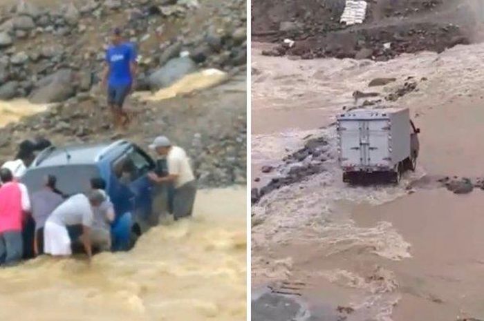 Viral Suzuki Ignis dan truk boks sempat nyangkut saat melalui jembatan sementara dalam kondisi banjir