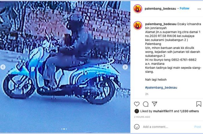 Tangkapan layar CCTV penculikan seorang anak bernama Dzaky Ichsandra (4) yang terjadi di Jalan S Parman, Lorong Citra Damai I, Kecamatan Sukarami, Palembang, Sumatera Selatan, Jumat (19/2/2021).(HANDOUT)