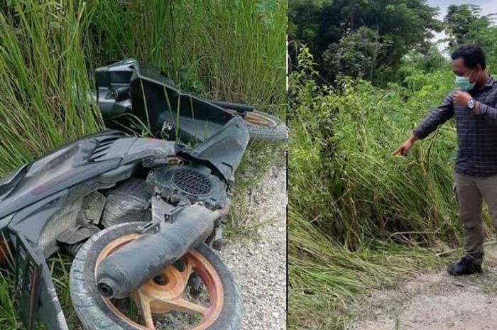 Motor milik Yusuf dan lokasi penemuan di jalan pintas area pegunungan kapur bekas tambang Manyar, Gresik, Selasa (2/3/2021).