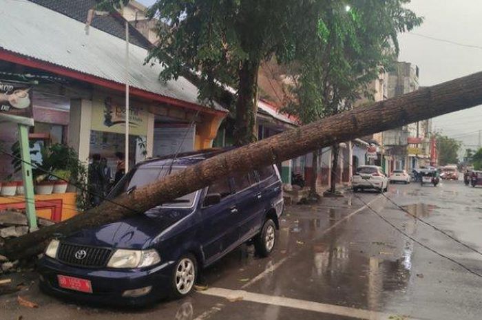Toyota Kijang Kapsul dinas milik Komisioner KPUD kota Sibolga yang ringsek digebrak pohon ambruk di Jl S Parman, Pasar Baru, Sibolga, Sumatera Utara, (9/3/21)