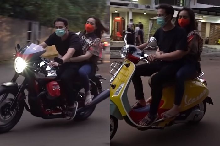 Momen Raffi Ahmad dan Nagita Slavina cicipi Moto Guzzi V7 III Racer 10th Anniversary Edition dan Vespa Primavera Sean Wotherspoon tanpa pakai helm.
