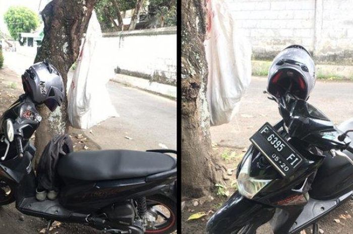 Honda BeAT milik pelaku maling laptop yang ketinggalan karena panik terpergok warga di Jl Sayangan, Ambarketawang, Gamping, Sleman, Yogyakarta, (29/3/21). 