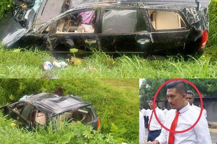 Briptu Dwi meninggal dunia setelah mobil Innova yang dikendarainya terbalik akibat menghantam colt diesel.  