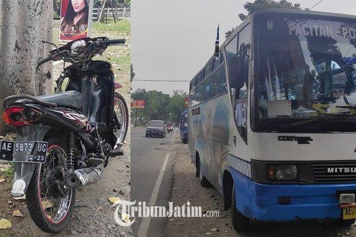 Yamaha Vega ZR terperosok saat nyalip, tubuh pengendara masuk kolong bus hinga tewas di jalan raya Ponorogo-Pacitan, Madusari, Siman, Ponorogo