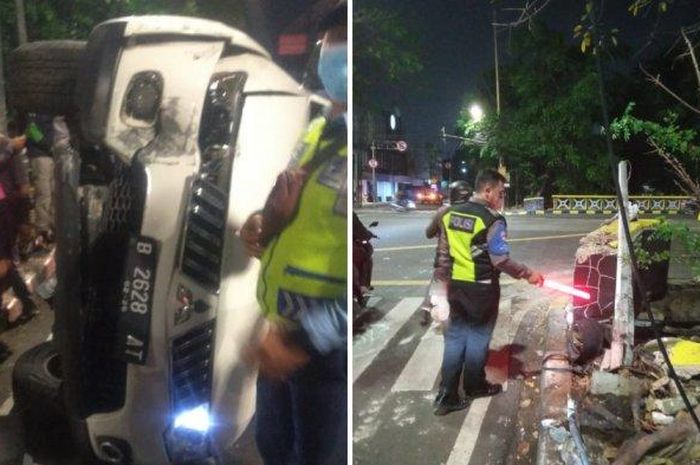 Mitsubishi Pajero putih terbalik setelah menbarak tiang lampu lalu lintas di Jalan Cideng Timur, Gambir, Jakarta Pusat