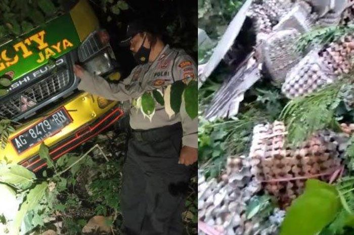 Kondisi truk pengangkut telur yang nyemplung  ke dalam jurang. 