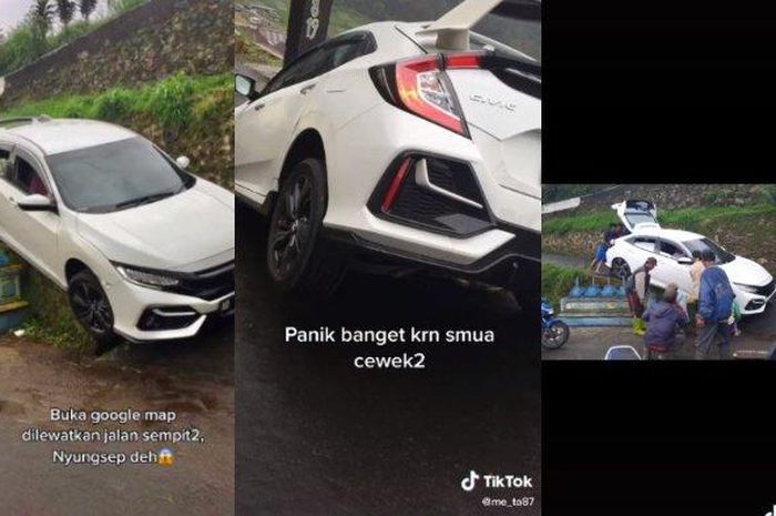 Honda Civic  nyungsep di jalan turun yang sempit 