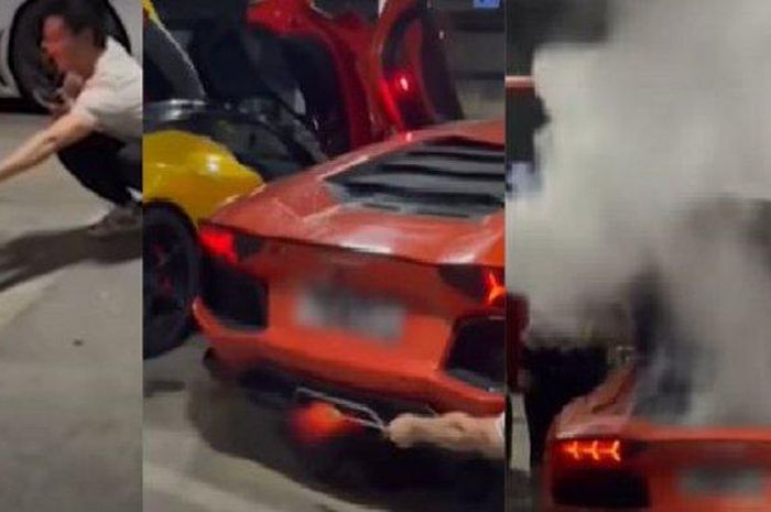 Mobil Lamborghini Aventador keluarkan asap putih setelah dipakai untuk bakal sate. 