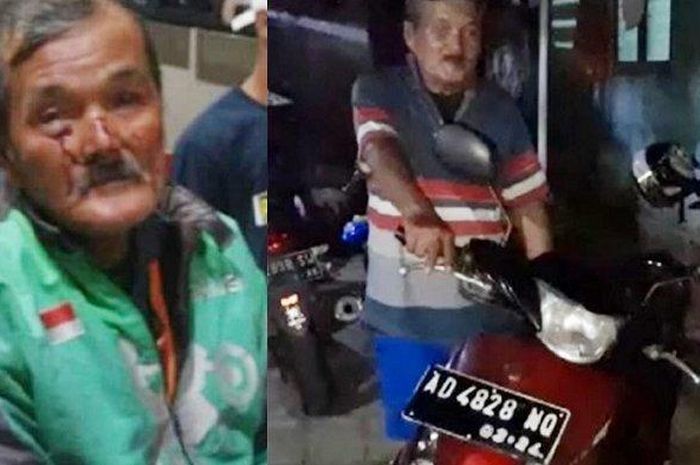 Kakek driver ojol Yadi Raharjo mencoba motor yang diberikan seseorang di rumahnya