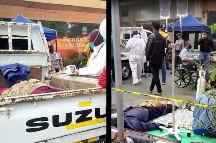 Pasien Covid-19 terbaring di atas mobil pikap dan tikar di halaman RSUD Chasbullah Abdulmadjid Kota Bekasi.(Tangkapan layar video viral)