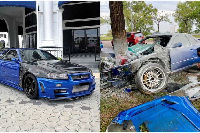 Baru juga sejam terjual, Nissan GTR R34 sudah ringsek parah gara-gara seruduk pohon.