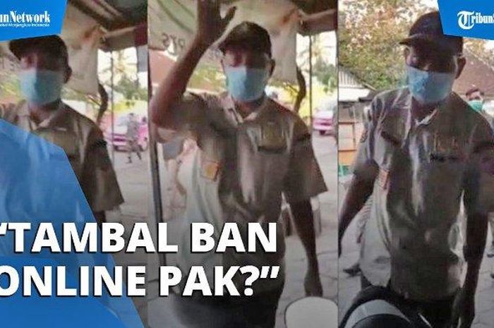 Tangkap layar video yang viral petuga Satpol PP yang sebut tambal ban online. 