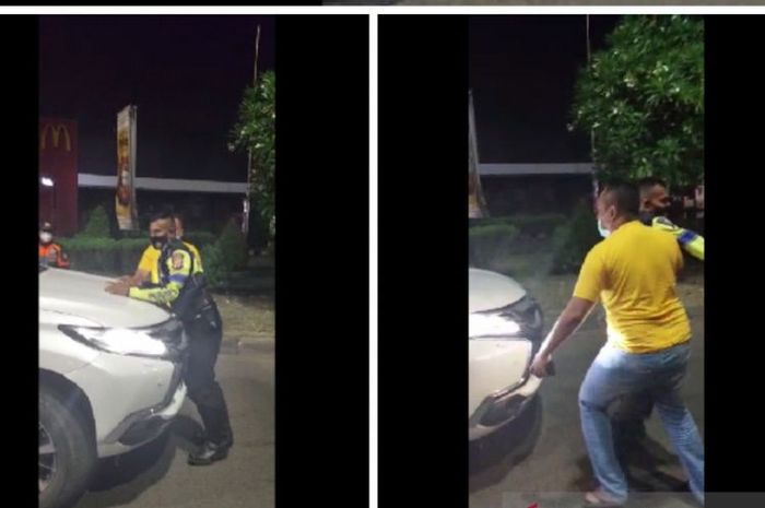 Seorang pria yang menumpang Mitsubish Pajero Sport mencoba menerobos penyekatan di Karawang