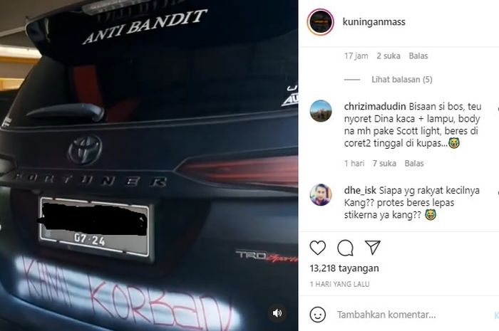 Video Toyota Fortuner dicorat-coret viral di media sosial