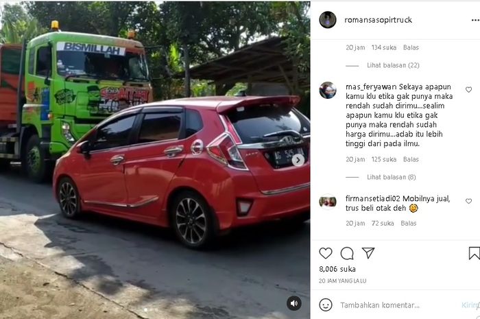 Video Honda Jazz yang tak mau minggir saat berpapasan dengan truk