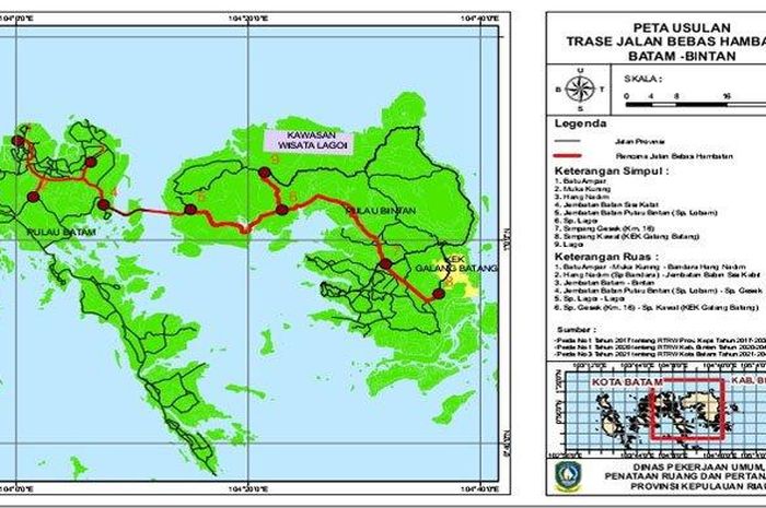 Peta usulan Trase jalan tol Batam-Bintan melewati laut