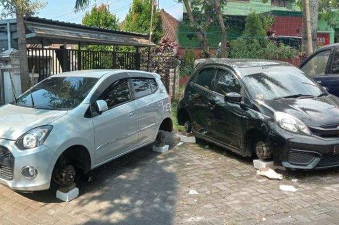 Kondisi Daihatsu Ayla di Jl Hamid Rusdi Bunulrejo Blimbing (Kiri) dan Honda Brio di Lowokwaru, Kota Malang yang jadi sasaran pencurian ban (29/6/2021).