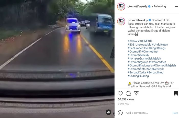 Aksi nekat pengemudi mobil ber strobo yang nyalip di tikungan dari kanan dihujat netizen