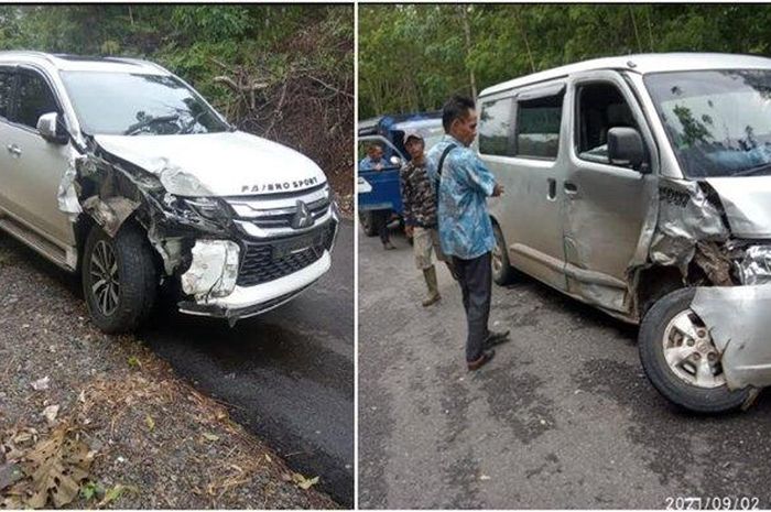 Mitsubishi Pajero Sport dan Daihatsu Gran Max usai kecelakaan di desa Kembahang Baru, Talang Padang, Empat Lawang, Sumatera Selatan