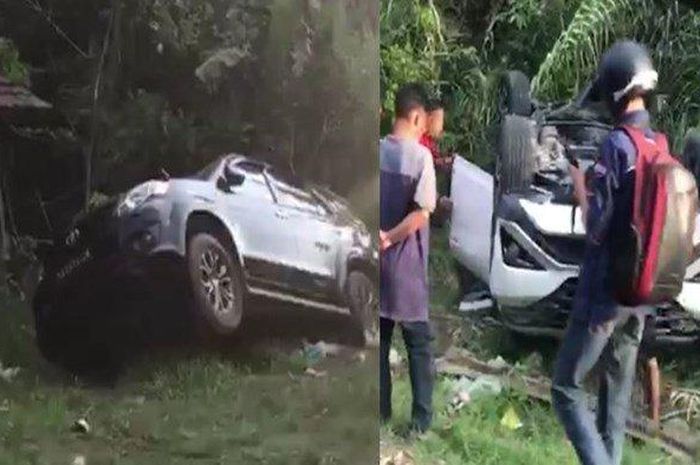 Toyota Fortuner terpelanting, Toyota All New Rush kayang usai disambar Kijang Innova di Prabumulih Barat, Sumatera Selatan