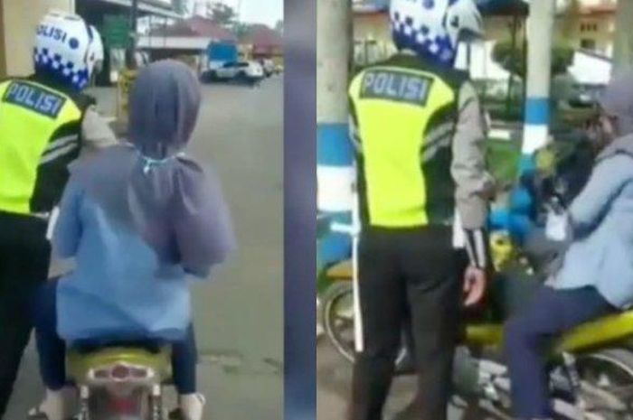 Aksi emak-emak yang tak mau turun dari motor setelah kena sanksi tilang