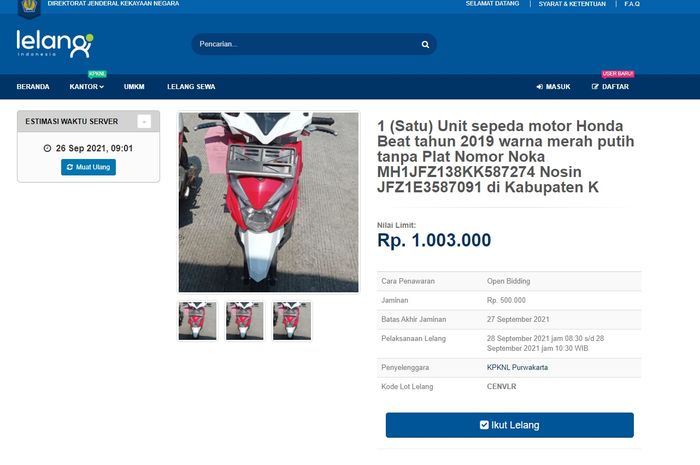 Lelang motor bekas murah, ada Honda BeAT mulai Rp 1 jutaan dan motor lainnya ada juga yang Rp 200 ribuan.