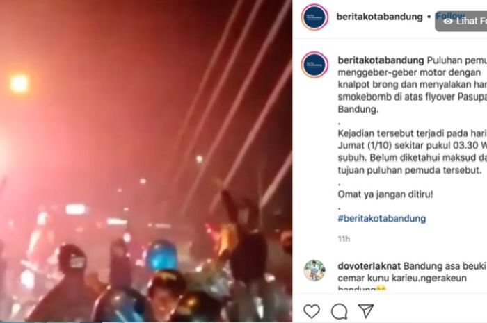 Viral sekelompok pemuda menggeber-geber knalpot brong di atas flyover Pasupati Bandung(instagram.com/beritakotabandung)