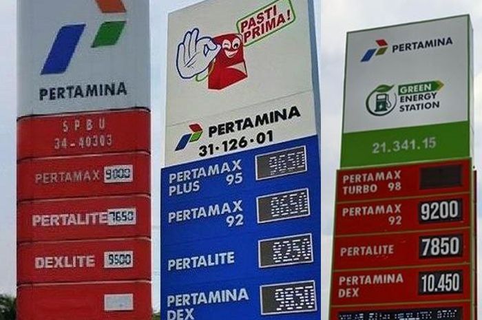 Ilustrasi warna SPBU Pertamina merah biru dan hijau.