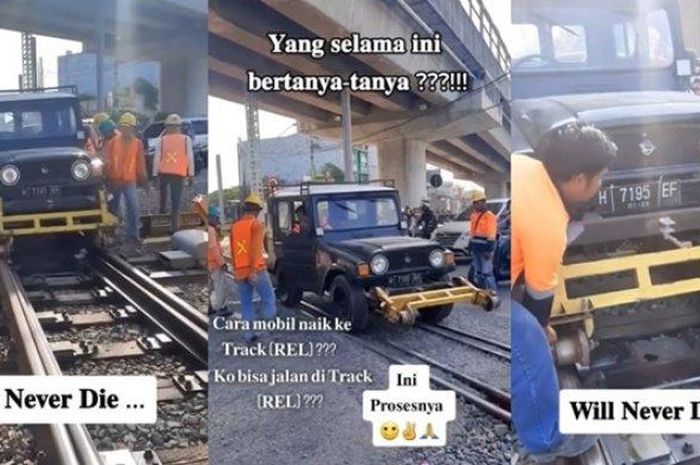 Daihatsu Taft yang diajak melaju di atas rel kereta api. 