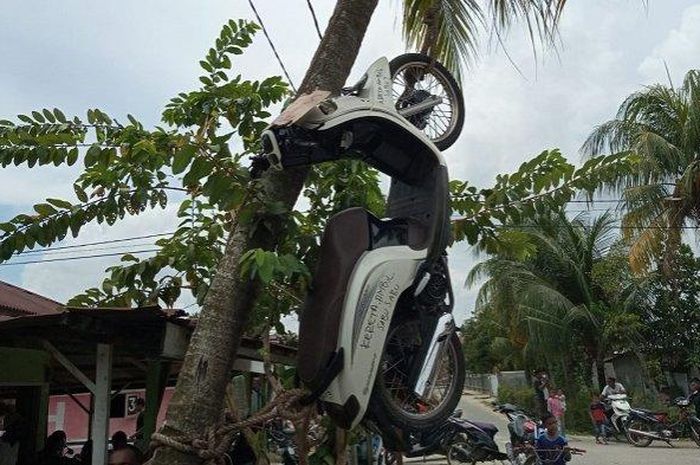Honda Scoopy pelaku transaksi sabu digantung di pohon kelapa oleh Warga Gampong Alue Beurawe, Kecamatan Langsa Kota, Sabtu (16/20/2021)