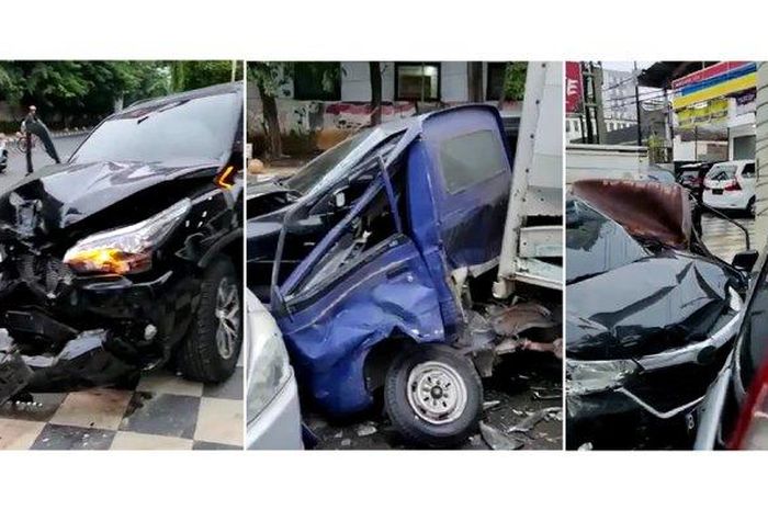 Akibat kecelakaan Toyota Fortuner seruduk tiga mobil di Jl Imam Bonjol, Semarang Tengah, kota Semarang, Jateng