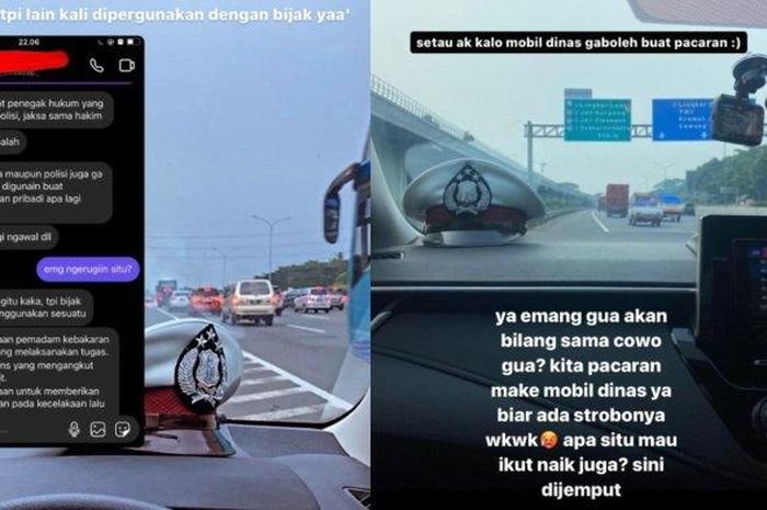 Story Instagram yang menunjukan oknum Polantas dan kekasihnya berpacaran menggunakan mobil dinas PJR di tol Jagorawi, Bogor, Jawa Barat