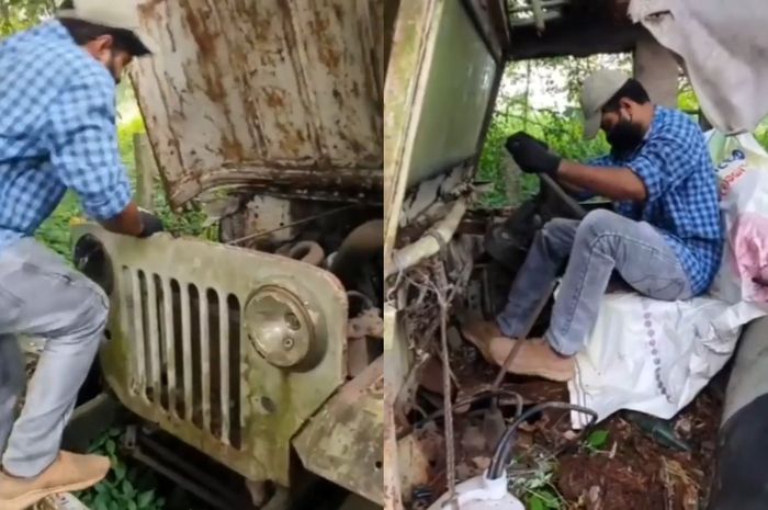 Tangkapan layar video penyelematan Jeep CJ-3B yang terbengkalai dengan kondisi parah di India.