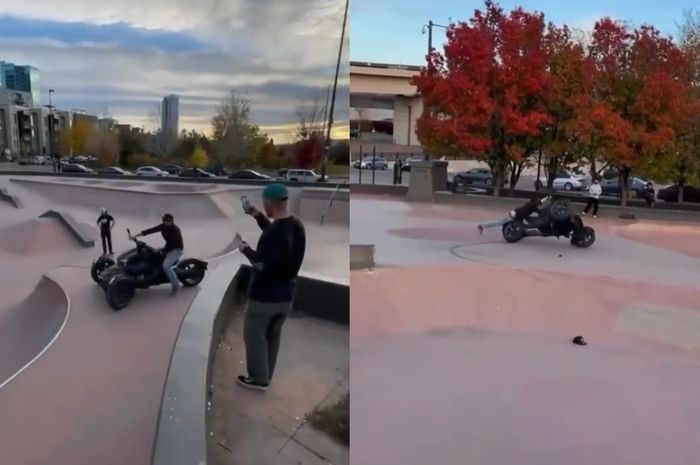 Cuplikan video Can-Am Spyder dibawa ke lokasi taman skateboard.