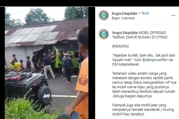 Tangkapan layar postingan video Suzuki Jimny seruduk rumah warga di Bogor.