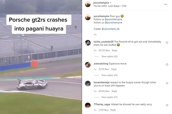 Tangkapan layar Porsche GT2 menabrak Pagani Huayra saat menjajal sirkuit
