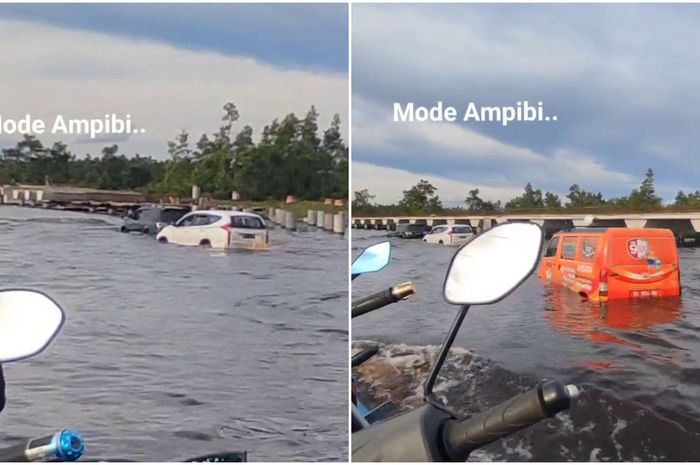 Tangkapan layar pemandangan unik Toyota Fortuner dan Mitsubishi Pajero Sport trabas banjir di Kalteng.