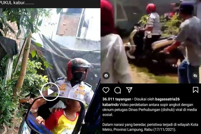 Kolase tangkapan layar unggahan viral oknum Dishub Kota Metro, Lampung, memukul sopir karena gagal menilang