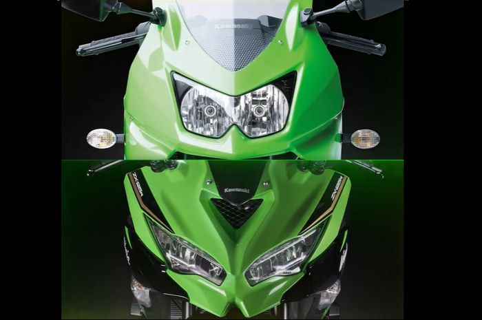 Transformasi wajah Kawasaki Ninja 250R tahun 2008 (atas) sampan Kawasaki Ninja ZX-25R tahun 2020 (bawah)