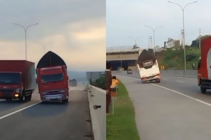 Cuplikan truk oleng yang salip kendaraan lain sambil- ugal-ugalan.
