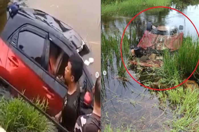 satu keluarga meninggal dunia terjebak di kabin Honda Brio, tenggelam di rawa dalam posisi terbailk