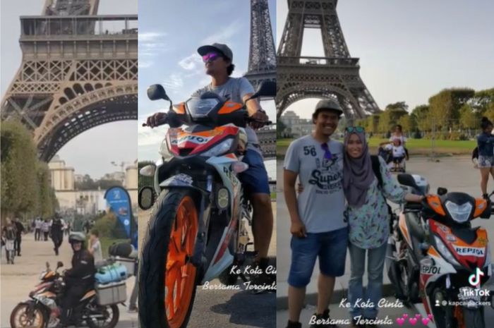 Alfi dam sang istri geber Honda Supra GTR 150 hingga ke Menara Eiffel.  