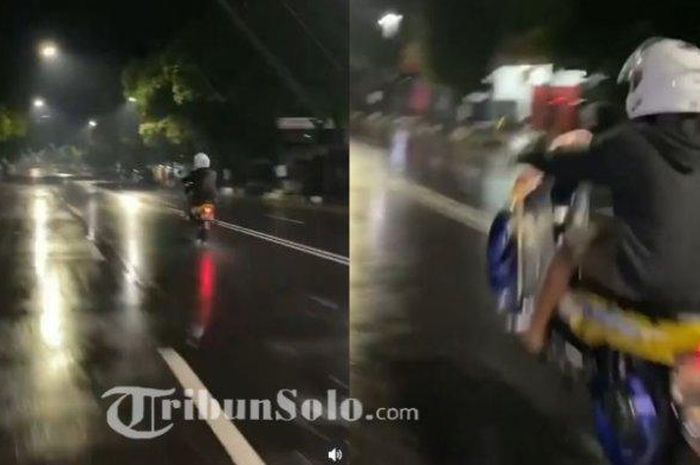 tangkapan layar aksi wheelie yang dilakukan seorang pengendara Yamaha F1ZR di Jalan Raya Sukowati, Sragen, Jawa Tengah