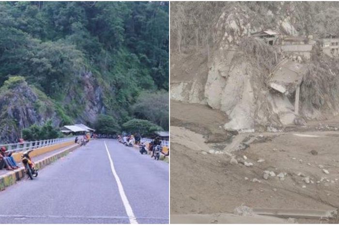 Jembatan Gladak Perat sebelum (kiri) dan sesuah (kanan) dihantam lahar dingin dari erupsi Gunung Semeru.