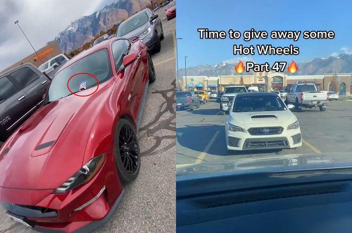 Momen ketika pemilik akun TikTok @busy.b_ membagikan OtoToys berupa diecast Hot Wheels ke pemilik Ford Mustang GT dan Subaru WRX STi.