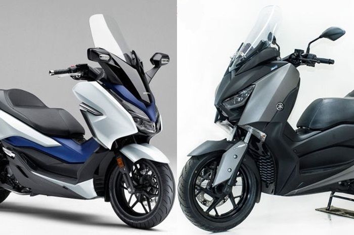Ilustrasi motor matic baru 250 cc, Honda Forza 250 (kiri) dan Yamaha XMAX.